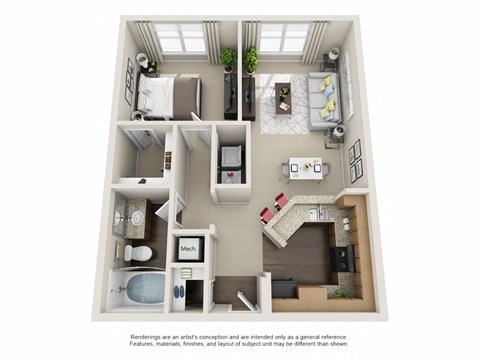Floor plan for 1 bed, 1 bath, 693 sqft